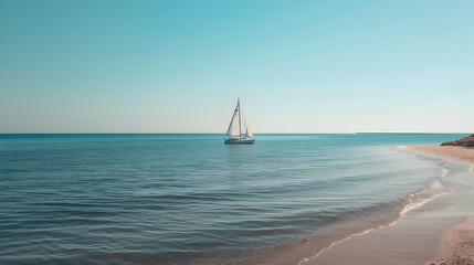 Obraz premium A lone sailboat drifting on calm waters just off the shore of a sandy beach