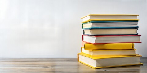 School book stack with white background and copy space. School banner for education advertising symbolizing knowledge and education, learning, study