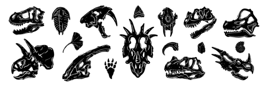 Dinosaur skeleton linocut print set, vector dino fossil skull tattoo, archaeology prehistoric icon. Jurassic reptile engraving sticker, triceratops silhouette, monster head. Dinosaur skeleton woodcut