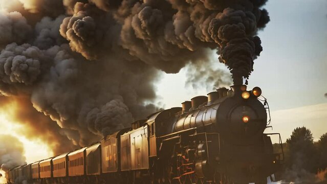 Locomotive Steam Engine Billowing Smoke 4K features an A.I. Generated video of a steam locomotive train with dark smoke pouring out of the smoke stack with a sunset behind.