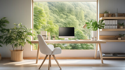 High-resolution photograph of a modern office space featuring a large desk with a sleek computer setup, an ergonomic chair, and minimalist decor. Large windows let in plenty of natural light, creating
