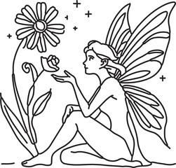 The fairy sits near the flower, silhouette, white background, line shape, line drawing, and outline.