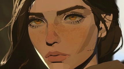 A digital art portrait of a woman with amber eyes, showcasing detailed shading and a realistic yet stylized appearance.

