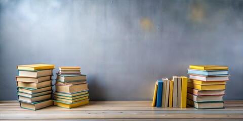 Obraz premium Piles of colorful hardcover books on a wooden surface with a blank grey wall, depicting research, education, and academic concepts