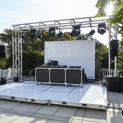 Outdoor stage with DJ booth, speakers, and a screen, perfect for a concert, festival, or event.