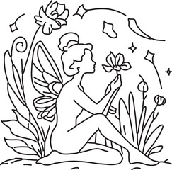 The fairy sits near the flower, silhouette, white background, line shape, line drawing, and outline.