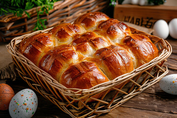 cross buns in wicker tray on a table