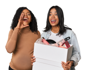 Latin women couple moving, one pregnant  shouting and holding palm near opened mouth.
