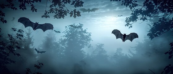 Dark foggy night with bats flying around