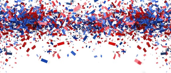 Festive red and blue confetti explosion on white background, perfect for celebrations, parties, and joyful events.
