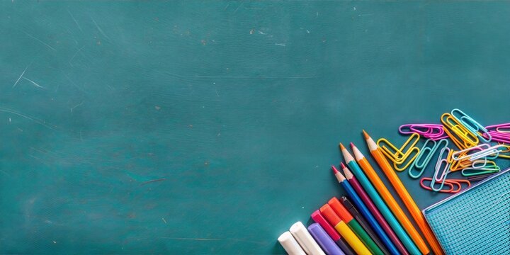 School supplies arranged on the corner of a green chalkboard with ample copy space for educational concepts