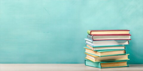 Fototapeta premium School book stack with turquoise background, symbolizing knowledge and education, learning, study