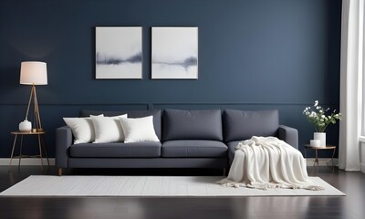 Fototapeta premium The modern living room interior has a sofa, green plants, a lamp, and a table on a dark wall background. 3D render