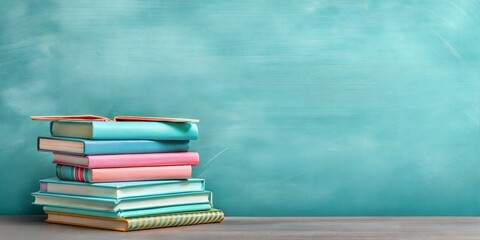 Fototapeta premium Book stack with turquoise background, symbolizing knowledge and education, learning, study