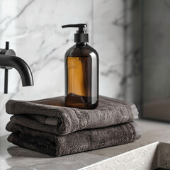 Mockup of a hand wash bottle with towel on marble generated.Ai