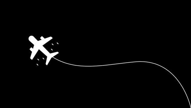 Animated of white color airplane icon paves the way. Flight route concept