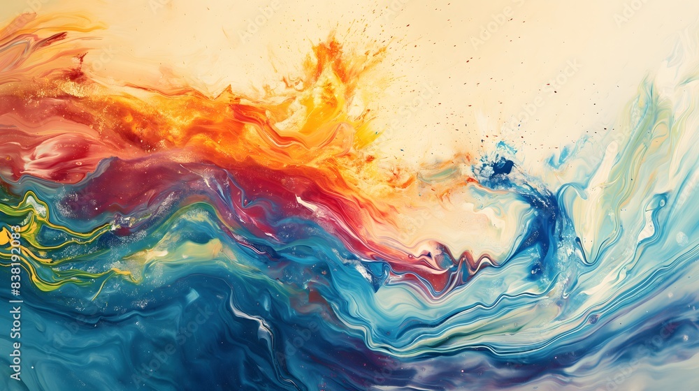 Poster 6. imagine a mesmerizing scene where a wave of colorful paint washes over a blank canvas, its fluid 