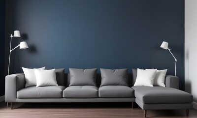 The modern living room interior has a sofa, green plants, a lamp, and a table on a dark wall background. 3D render