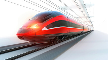 Fototapeta premium A sleek red and black train speeds through a tunnel. The train is surrounded by a bright light.