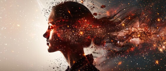 Double exposure of a galaxy and a woman profile