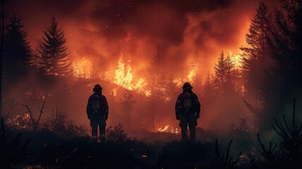 Fototapeta premium Two firefighters stand in a forest, silhouetted against a wall of flame. 