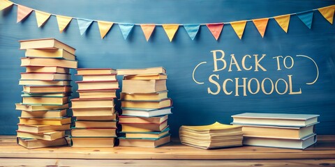 School book stacks with blue background, symbolizing knowledge and education, learning, study