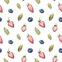 Strawberries, blueberries and leaves on a white background. Watercolor illustration. Seamless pattern from a large set of SWEETS. For fabric, kitchen textiles, wallpaper, wrapping paper, menus.