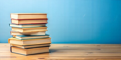 Fototapeta premium School book stack with blue background, symbolizing knowledge and education, learning, study