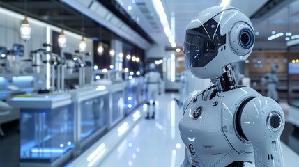 Fototapeta premium Advanced Robotics Lab: Create a scene of an advanced robotics lab with cutting-edge robots, research activities,