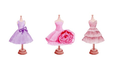 Set of three sewing dummies (mannequins) with dresses, watercolor hand painted illustration for logo, invitations, illustration on white background.