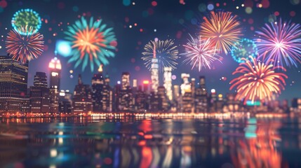 Obraz premium A city skyline is lit up with fireworks, creating a festive