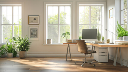 Fototapeta premium High-resolution photograph of a modern office space featuring a large desk with a sleek computer setup, an ergonomic chair, and minimalist decor. Large windows let in plenty of natural light, creating