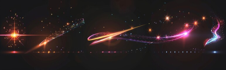 This modern illustration shows a trail of light from a falling meteor in various colors, with sparkles that emanate from the arcs of the trail. This is a realistic modern illustration of a trail of