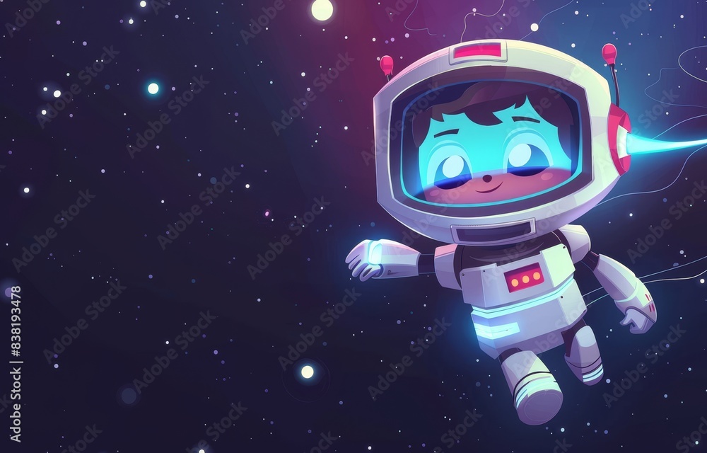 Poster a little child astronaut in a costume with a helmet and a cute cosmonaut robot floating in outer spa