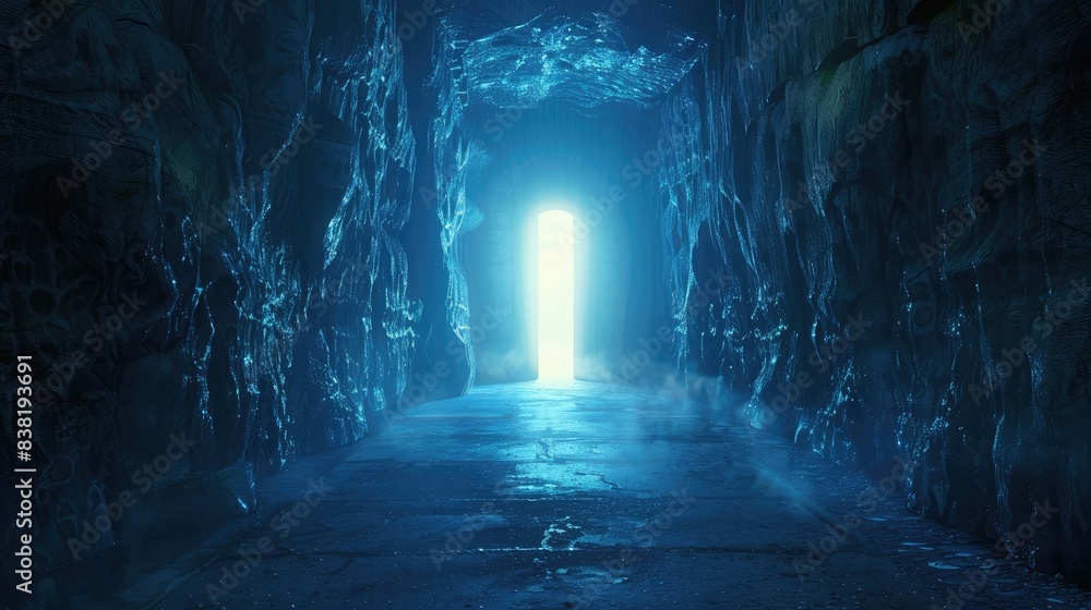 Poster abstract image of a dark tunnel with a glowing open door at the end, representing the journey from d