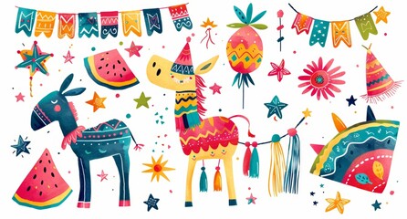 Cartoon Mexican pinata for children's birthday party. Set of funny paper horses and candy graphics. Unicorn, watermelon and star design collection to hit the target.
