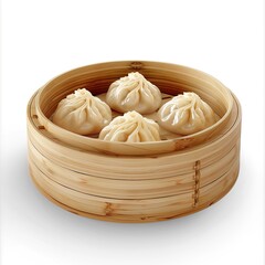 Steamed baozi dumplings stuffed with meat in a bamboo steamer on white background