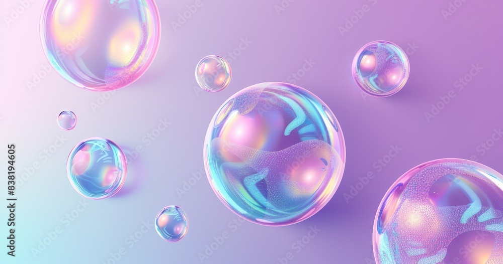 Poster a set of soap bubbles with light reflection on an iridescent surface isolated on a transparent backg