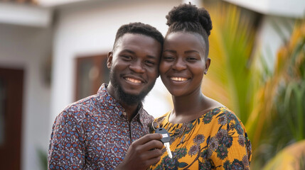 Naklejka premium Happy young couple holding home keys after buying the house - Husband and wife standing outside in front of their new house