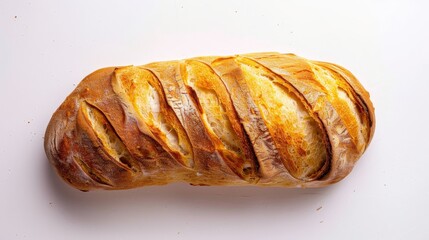 Freshly baked baguette with a golden-brown crust, prominently displayed against a white background