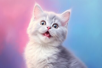 Portrait of a smiling munchkin cat isolated on pastel or soft colors background