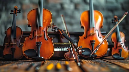 A lively arrangement of musical instruments including a guitar, violin, and piano keys, with sheet music and art supplies, ample copy space in a stage-like lower banner area for festival announcements