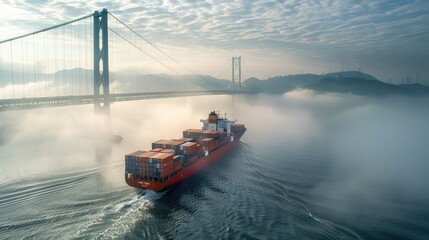Naklejka premium Aerial shot of a container cargo ship passing under a suspension bridge, showcasing the scale and efficiency of maritime transportation