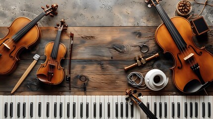 A lively arrangement of musical instruments including a guitar, violin, and piano keys, with sheet music and art supplies, ample copy space in a stage-like lower banner area for festival announcements