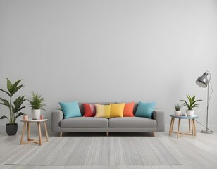 Empty living room with sofa in simple living room interior. 3D render