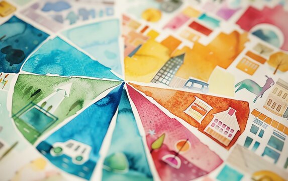 Watercolor painting of a city landscape, divided into colorful segments.