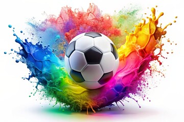 A Football splashing with color paint isolated on a colourfull and white background