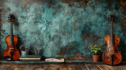 A lively arrangement of musical instruments including a guitar, violin, and piano keys, with sheet music and art supplies, ample copy space in a stage-like lower banner area for festival announcements