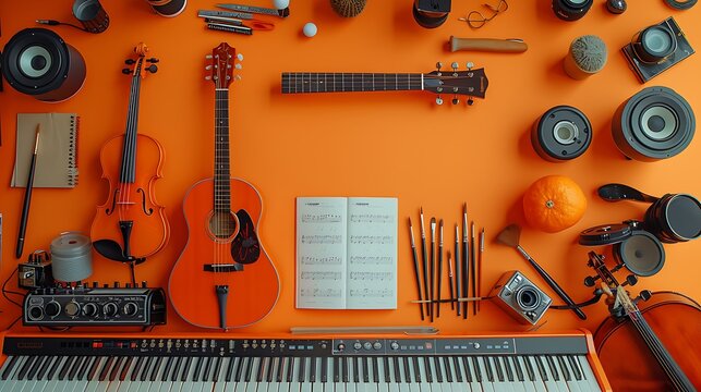 A lively arrangement of musical instruments including a guitar, violin, and piano keys, with sheet music and art supplies, ample copy space in a stage-like lower banner area for festival announcements - Powered by Adobe