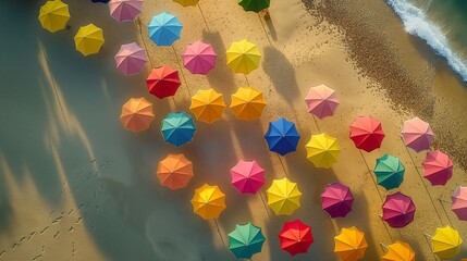 A drone capturing aerial footage of colorful umbrellas dotting the sandy beach, creating a vibrant mosaic of patterns and shades.